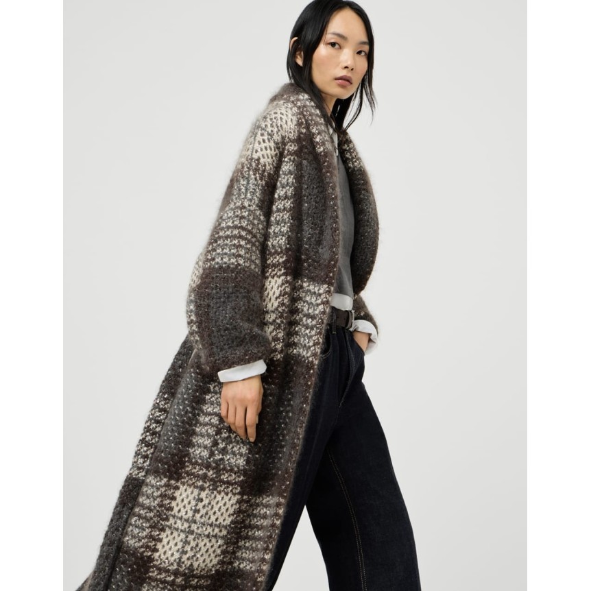Manteau BRUNELLO CUCINELLI Dazzling Tartan laine mohair et vierge cachemire marron gris crème