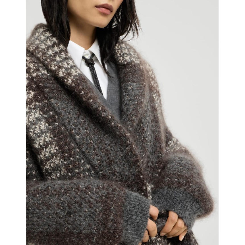 Manteau BRUNELLO CUCINELLI Dazzling Tartan laine mohair et vierge cachemire marron gris crème