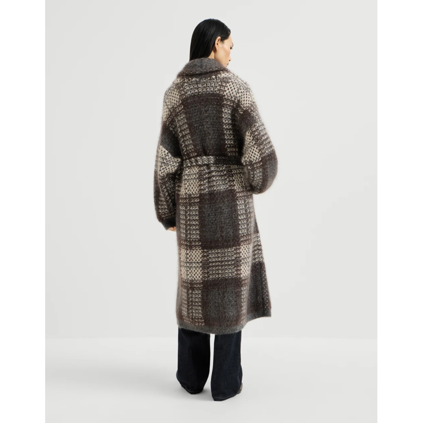 Manteau BRUNELLO CUCINELLI Dazzling Tartan laine mohair et vierge cachemire marron gris crème