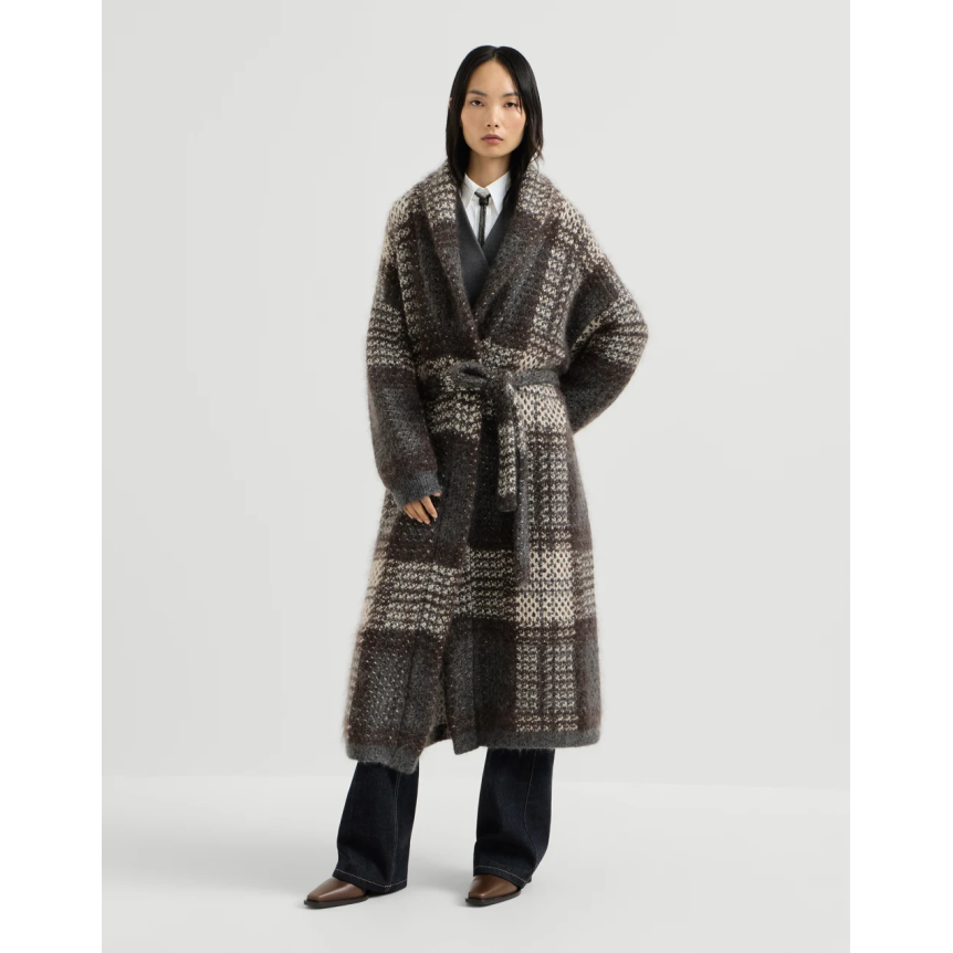 Manteau BRUNELLO CUCINELLI Dazzling Tartan laine mohair et vierge cachemire marron gris crème