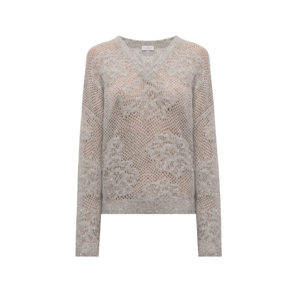 Pull col V BRUNELLO CUCINELLI maille crochet laine mélangée gris beige paillettes