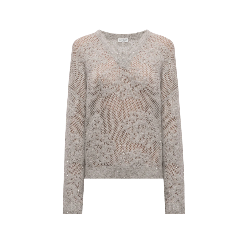 Pull col V BRUNELLO CUCINELLI maille crochet laine mélangée gris beige paillettes