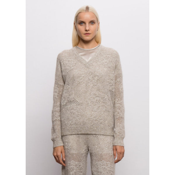 Pull col V BRUNELLO CUCINELLI maille crochet laine mélangée gris beige paillettes