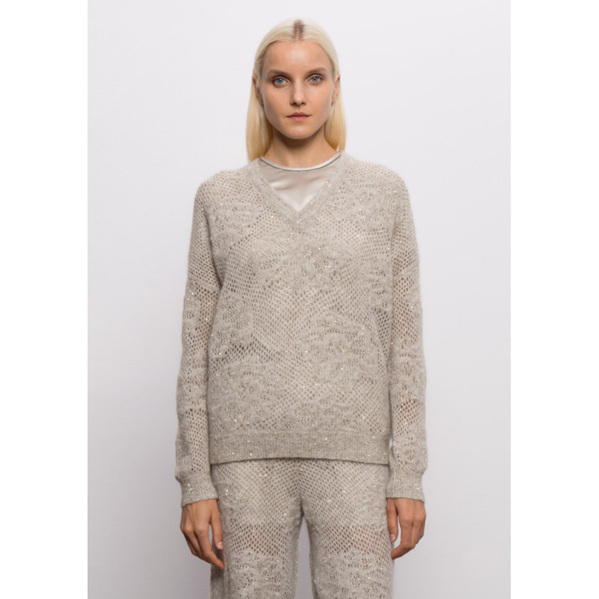 Pull col V BRUNELLO CUCINELLI maille crochet laine mélangée gris beige paillettes