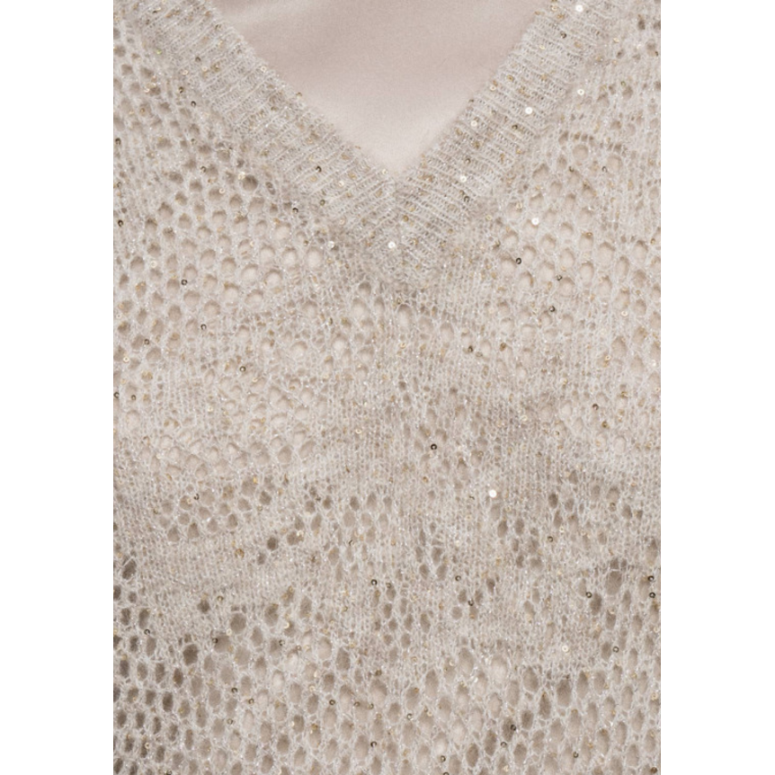 Pull col V BRUNELLO CUCINELLI maille crochet laine mélangée gris beige paillettes
