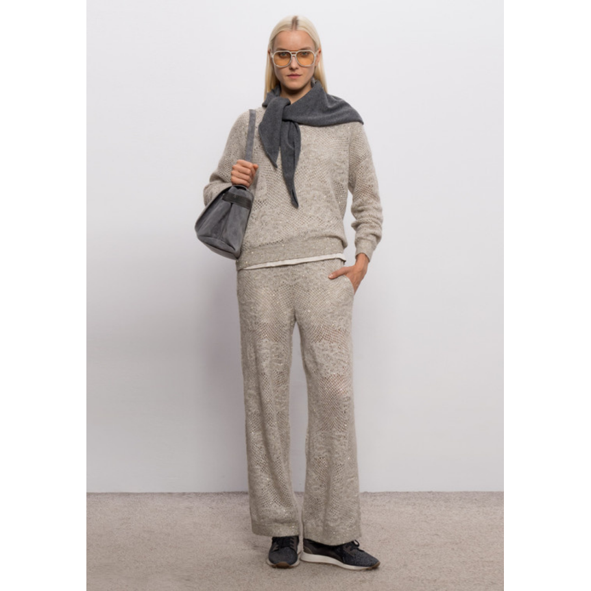 Pull col V BRUNELLO CUCINELLI maille crochet laine mélangée gris beige paillettes
