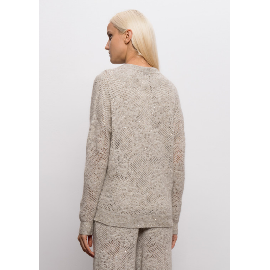 Pull col V BRUNELLO CUCINELLI maille crochet laine mélangée gris beige paillettes