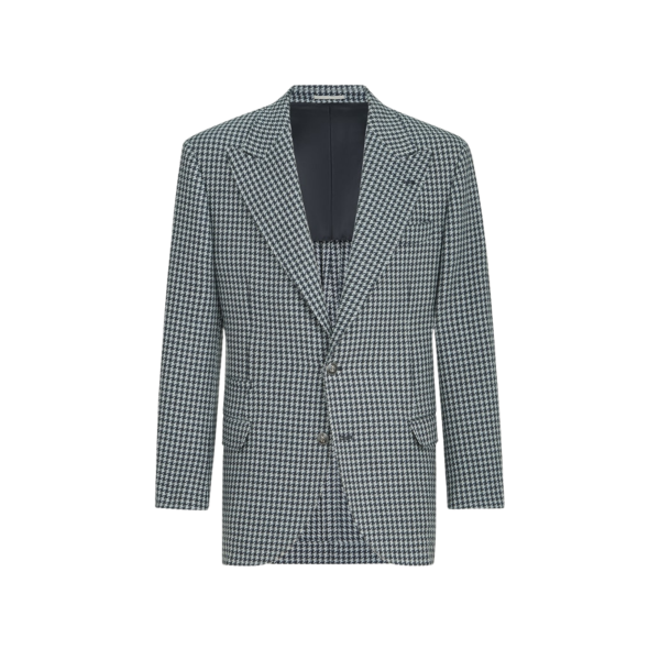 Veste droite Tailor cachemire macro pied de poule gris bleu revers en pointe et bouton métal