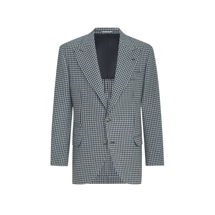 Veste droite Tailor cachemire macro pied de poule gris bleu revers en pointe et bouton métal