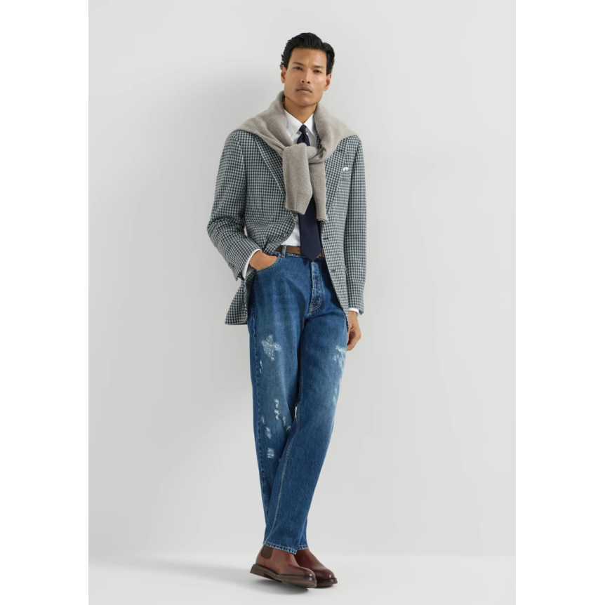 Veste droite Tailor cachemire macro pied de poule gris bleu revers en pointe et bouton métal