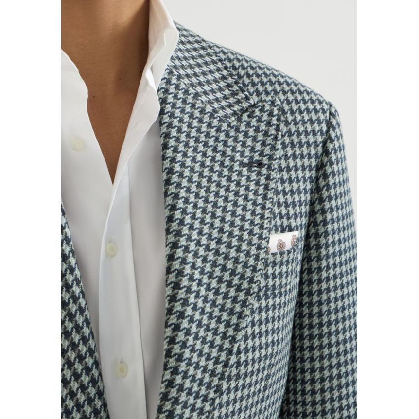 Veste droite Tailor cachemire macro pied de poule gris bleu revers en pointe et bouton métal
