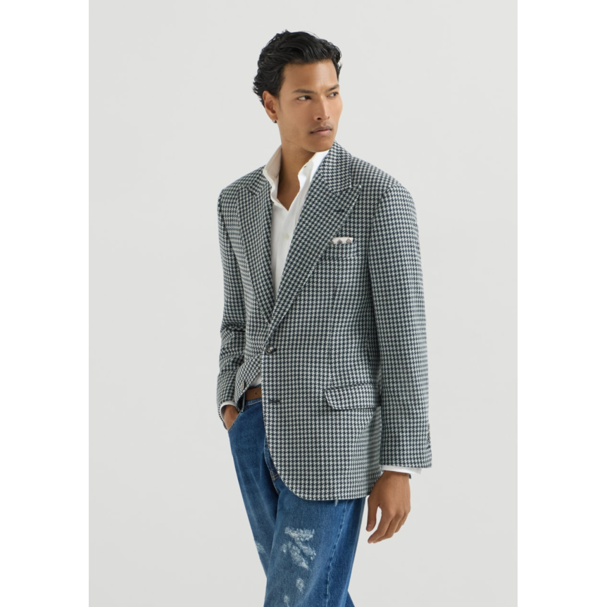 Veste droite Tailor cachemire macro pied de poule gris bleu revers en pointe et bouton métal