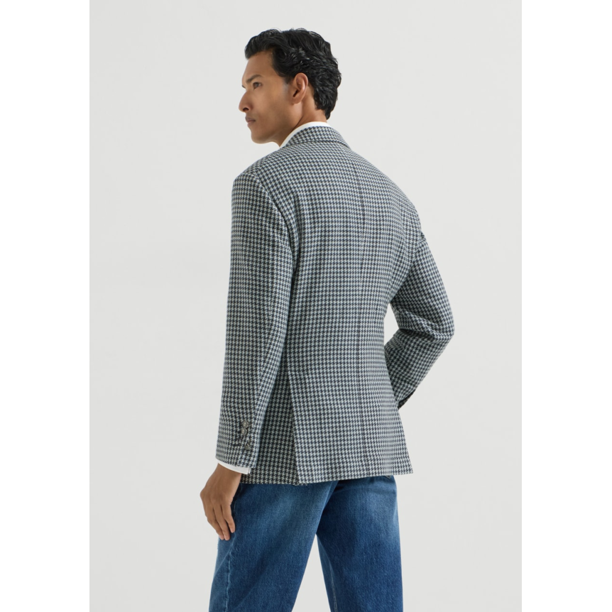 Veste droite Tailor cachemire macro pied de poule gris bleu revers en pointe et bouton métal