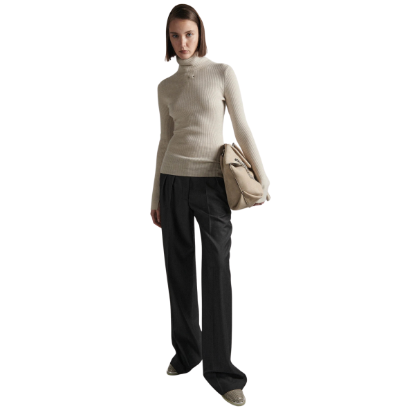 Pull col roulé BARBARA BUI en laine mérinos côtelé beige