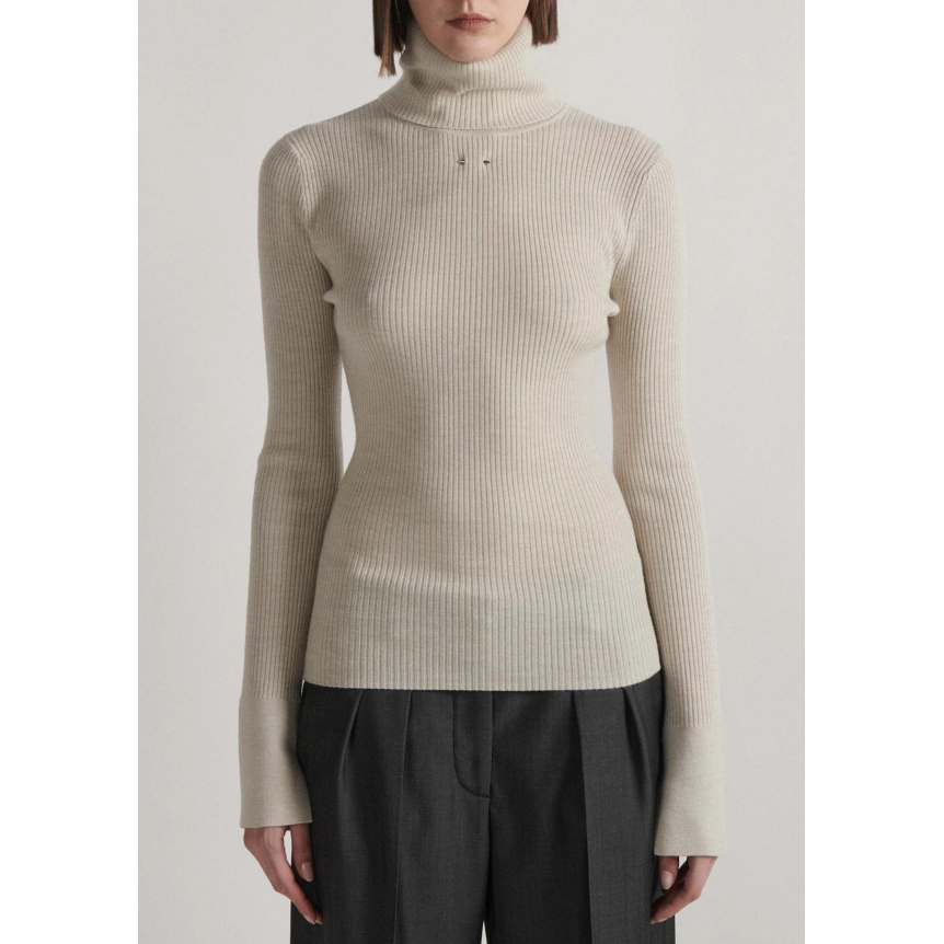 Pull col roulé BARBARA BUI en laine mérinos côtelé beige