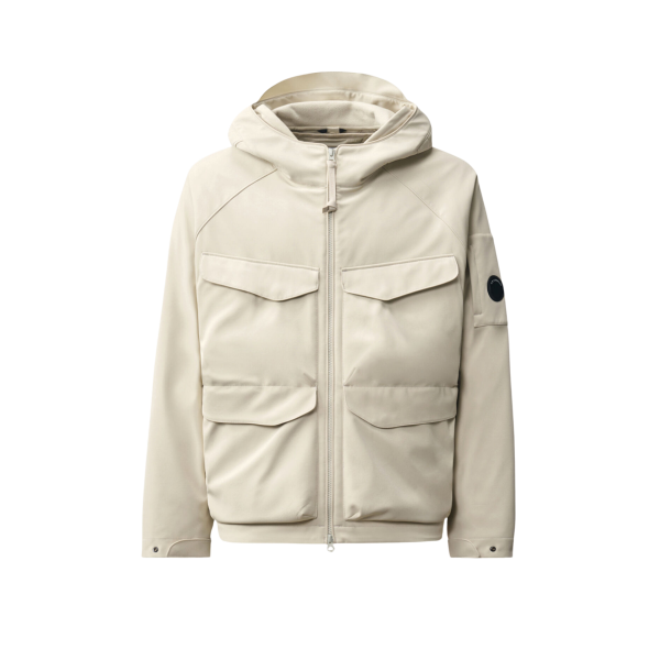 Veste zippée à capuche CP COMPANY soft shell R polyester recyclé écru gris doublure amovible