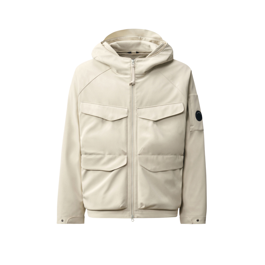 Veste zippée à capuche CP COMPANY soft shell R polyester recyclé écru gris doublure amovible