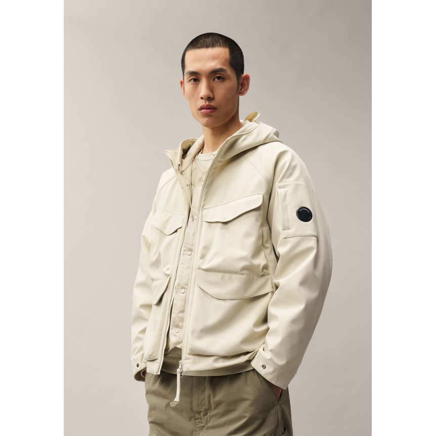 Veste zippée à capuche CP COMPANY soft shell R polyester recyclé écru gris doublure amovible