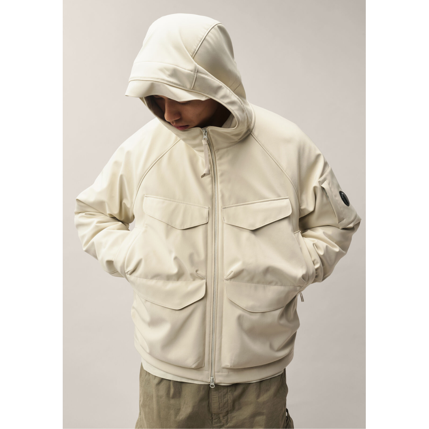 Veste zippée à capuche CP COMPANY soft shell R polyester recyclé écru gris doublure amovible