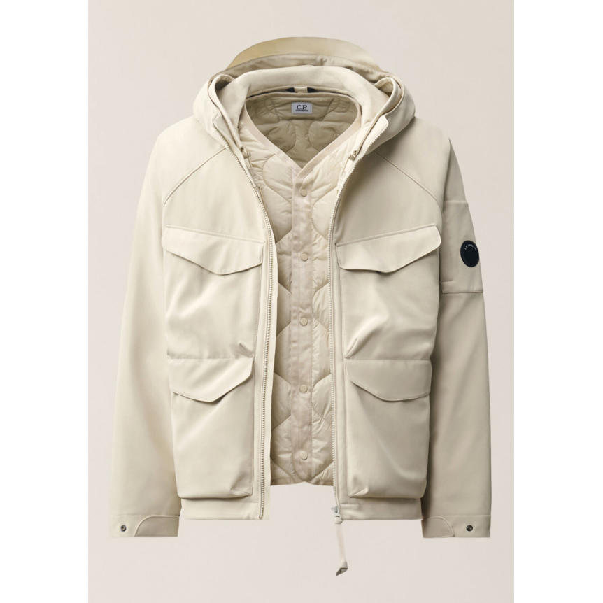 Veste zippée à capuche CP COMPANY soft shell R polyester recyclé écru gris doublure amovible
