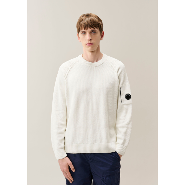 Pull ras du cou CP COMPANY coton côtelé chenille blanc écru