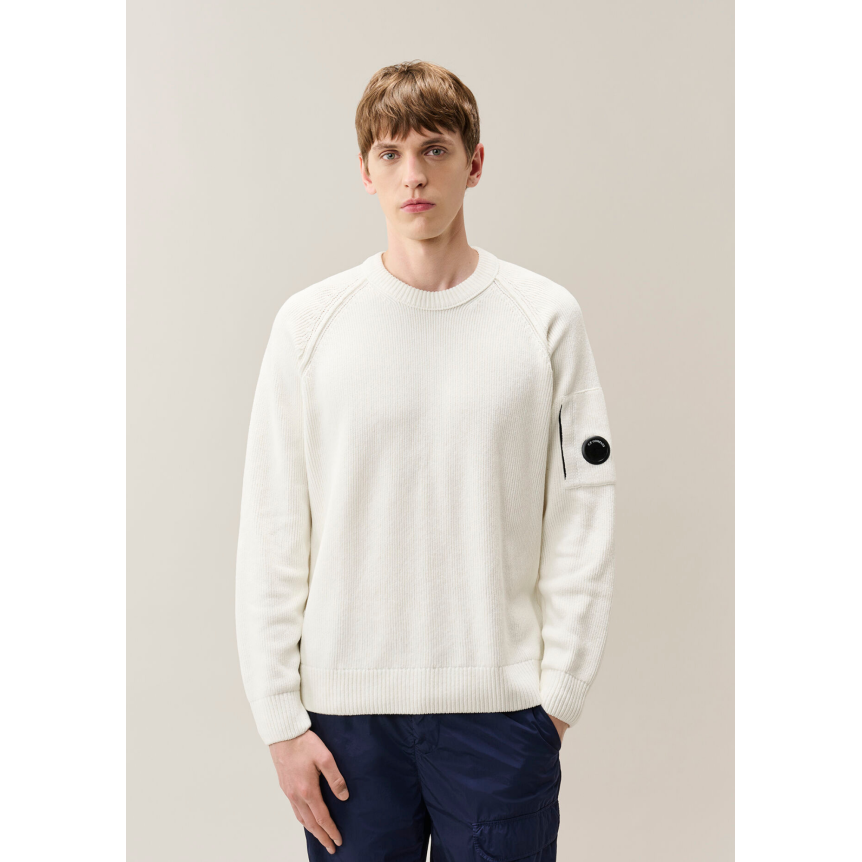 Pull ras du cou CP COMPANY coton côtelé chenille blanc écru