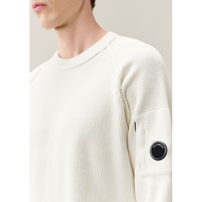 Pull ras du cou CP COMPANY coton côtelé chenille blanc écru