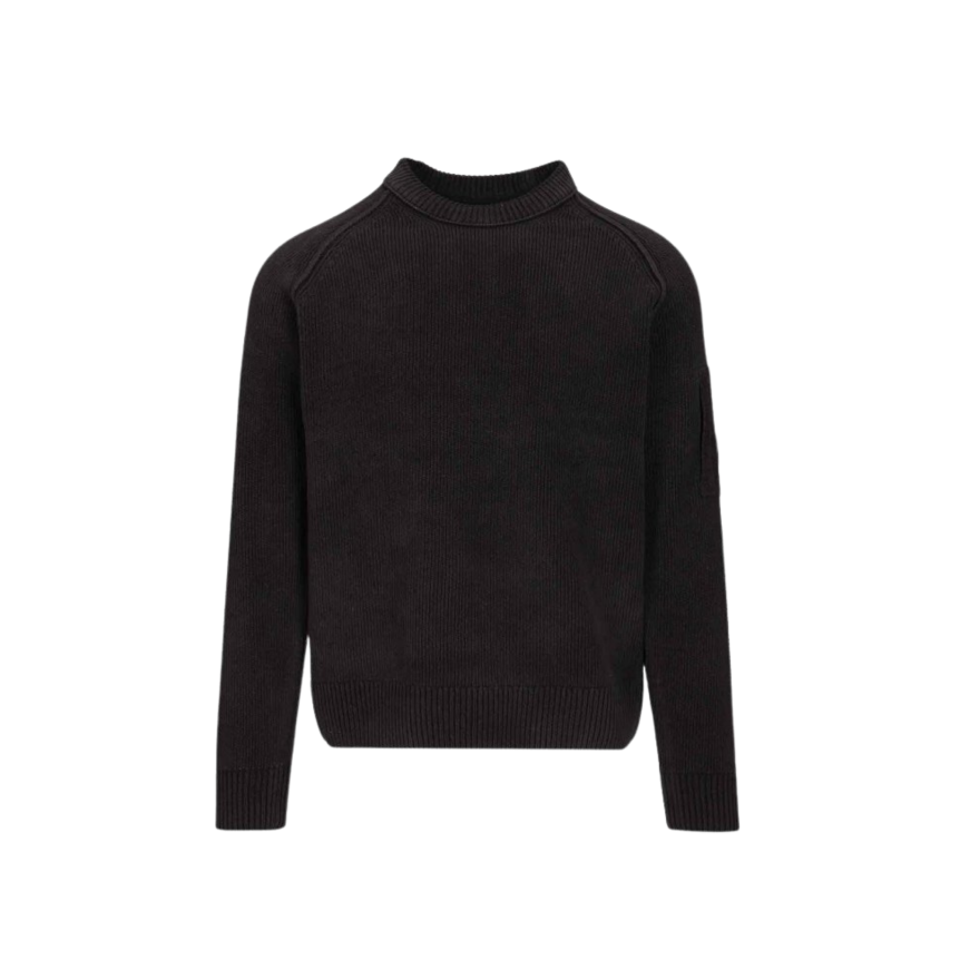 Pull ras du cou CP COMPANY coton chenille bleu marine lentille manche