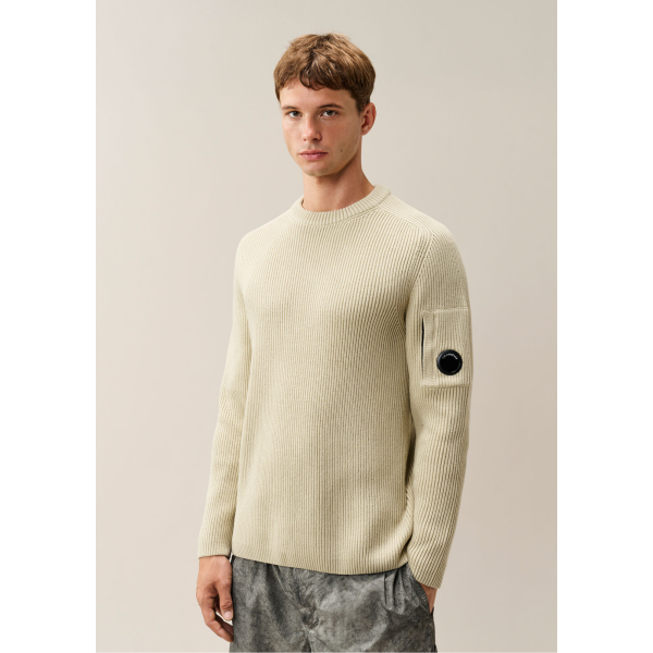 Pull ras du cou CP COMPANY coton côtelé écru