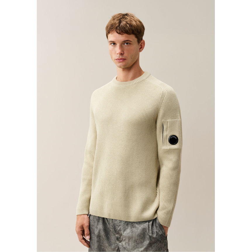 Pull ras du cou CP COMPANY coton côtelé écru
