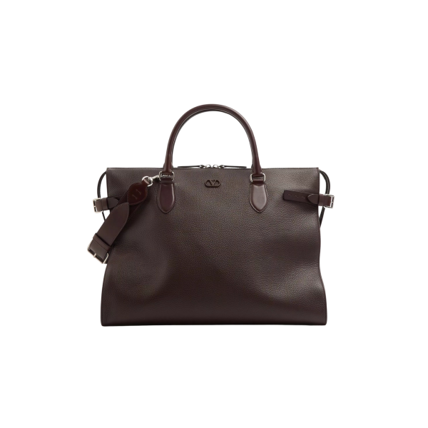 Sac De Voyage Cabas VALENTINO GARAVANI Antibes cuir grainé marron chocolat mat V logo bandoulière