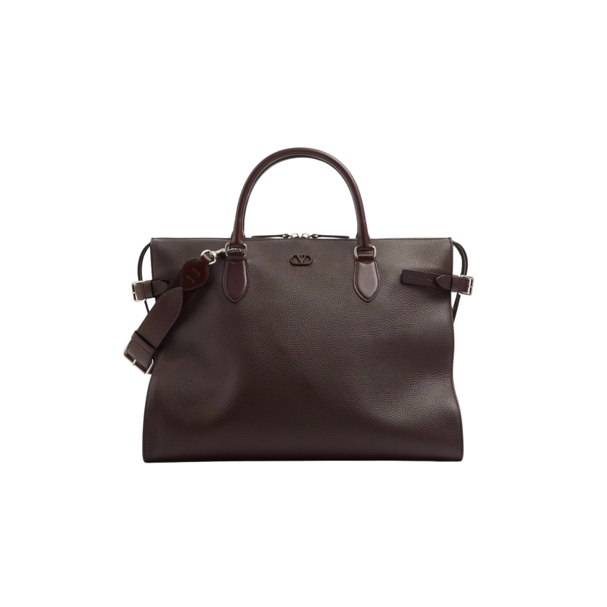 Sac De Voyage Cabas VALENTINO GARAVANI Antibes cuir grainé marron chocolat mat V logo bandoulière