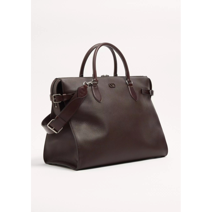 Sac De Voyage Cabas VALENTINO GARAVANI Antibes cuir grainé marron chocolat mat V logo bandoulière