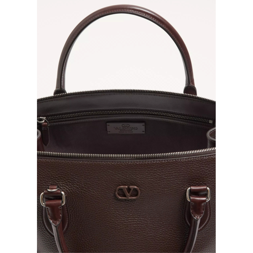 Sac De Voyage Cabas VALENTINO GARAVANI Antibes cuir grainé marron chocolat mat V logo bandoulière