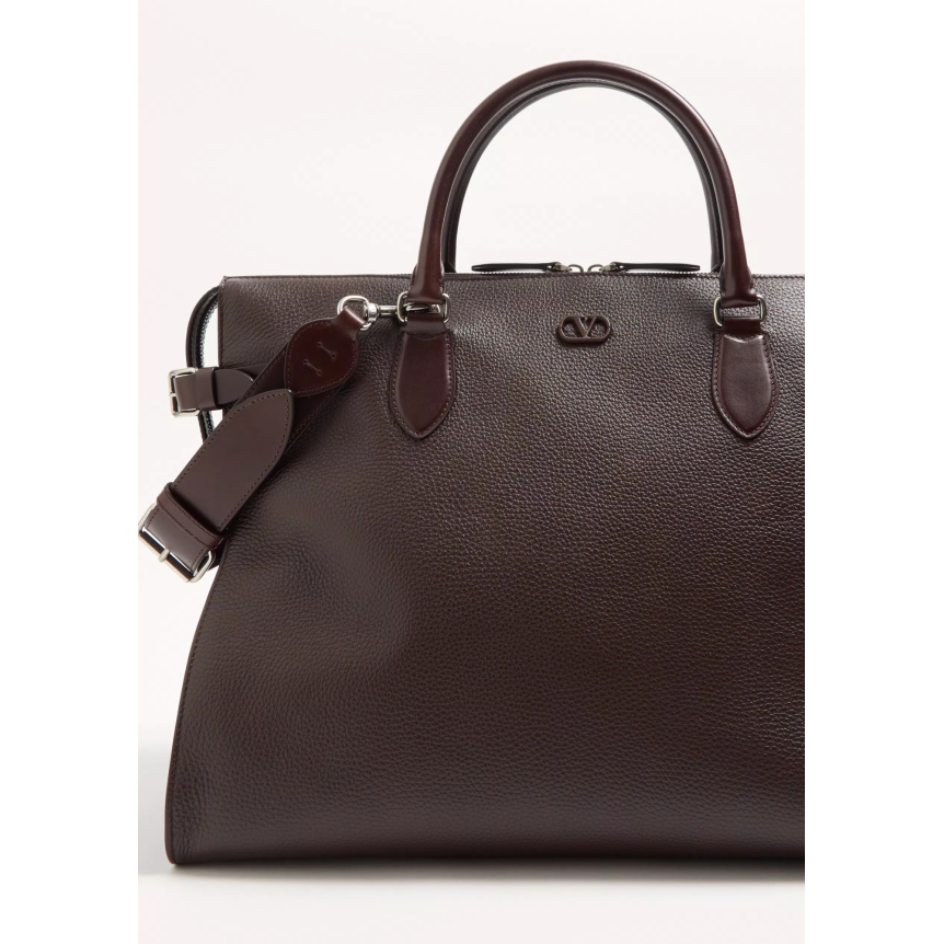 Sac De Voyage Cabas VALENTINO GARAVANI Antibes cuir grainé marron chocolat mat V logo bandoulière