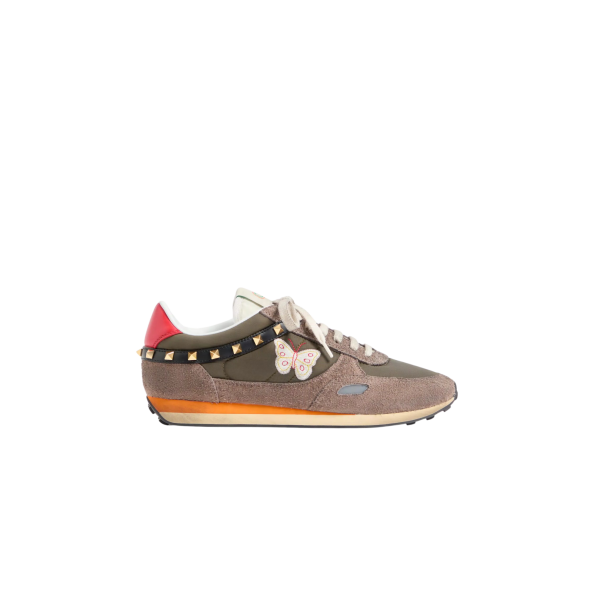 Basket VALENTINO Stud Up croûte de cuir et nylon marron orange avec broderie Butterfly papillon