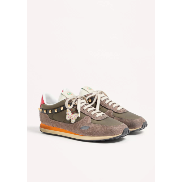 Basket VALENTINO Stud Up croûte de cuir et nylon marron orange avec broderie Butterfly papillon