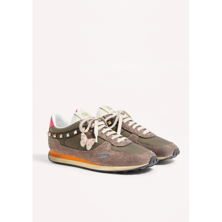 Basket VALENTINO Stud Up croûte de cuir et nylon marron orange avec broderie Butterfly papillon