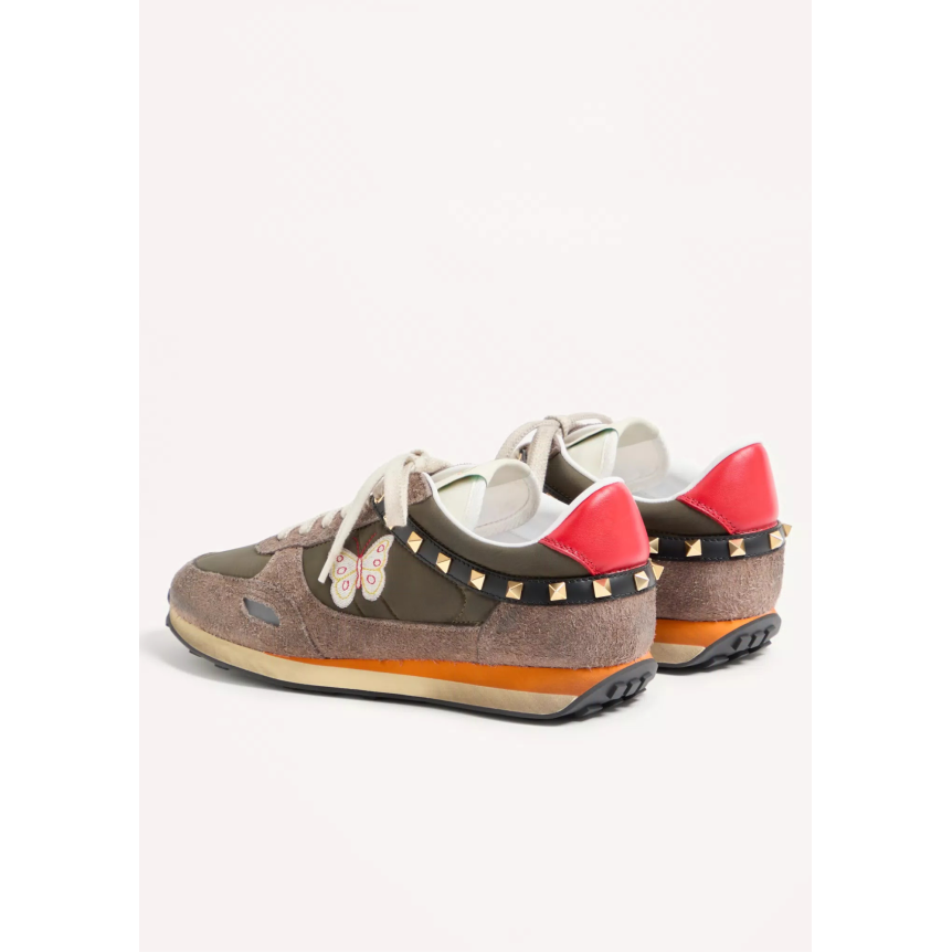 Basket VALENTINO Stud Up croûte de cuir et nylon marron orange avec broderie Butterfly papillon
