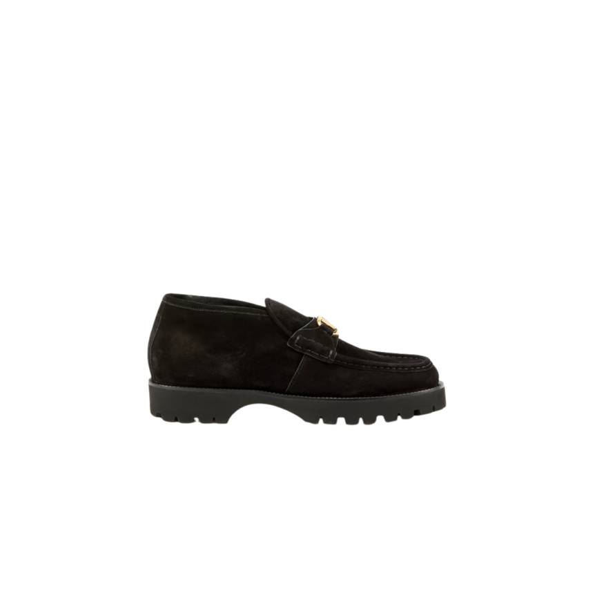 Mocassin VALENTINO V Logo Signature doré en daim noir semelle crantée