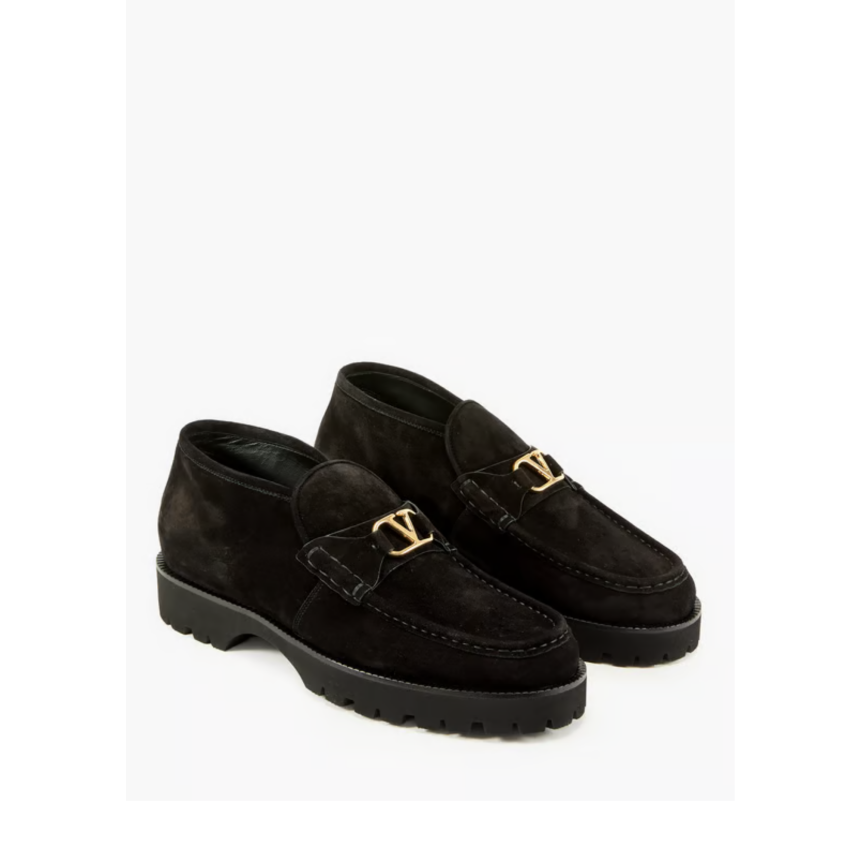 Mocassin VALENTINO V Logo Signature doré en daim noir semelle crantée