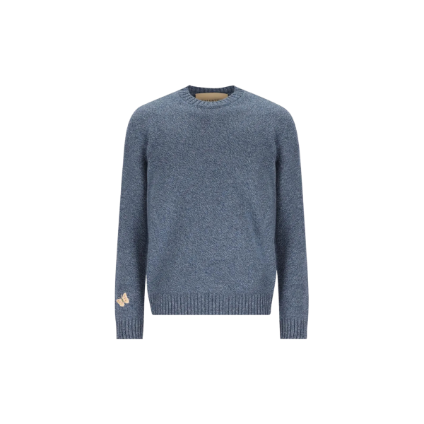 Pull col rond VALENTINO laine bleu chiné broderie Butterfly papillon