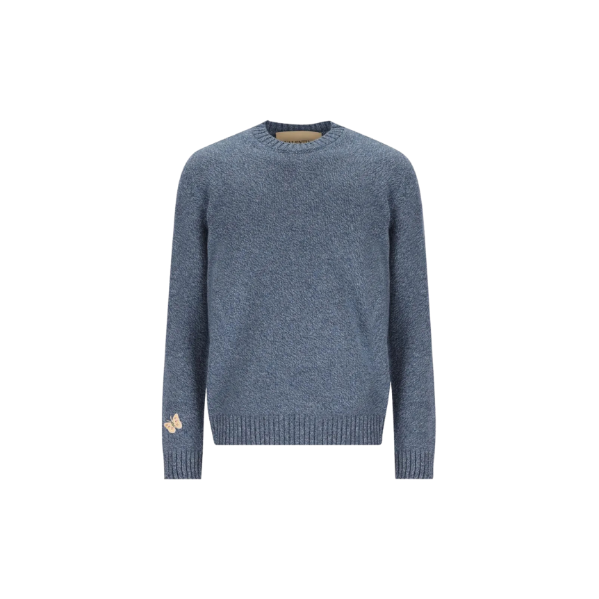 Pull col rond VALENTINO laine bleu chiné broderie Butterfly papillon