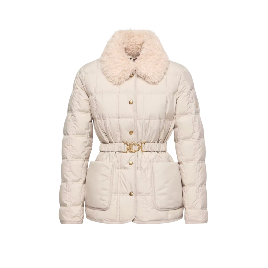 Doudoune courte à ceinture MONCLER Cygnes nylon beige taupe mat lisse col poche fourrure