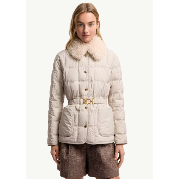 Doudoune courte à ceinture MONCLER Cygnes nylon beige taupe mat lisse col poche fourrure