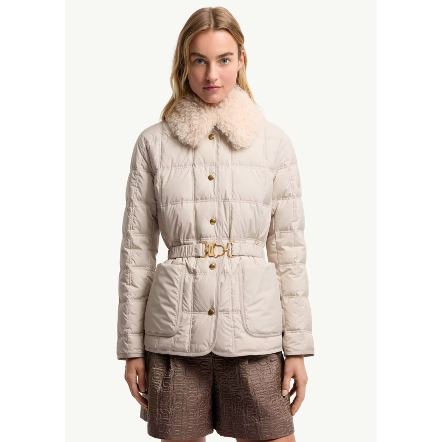 Doudoune courte à ceinture MONCLER Cygnes nylon beige taupe mat lisse col poche fourrure