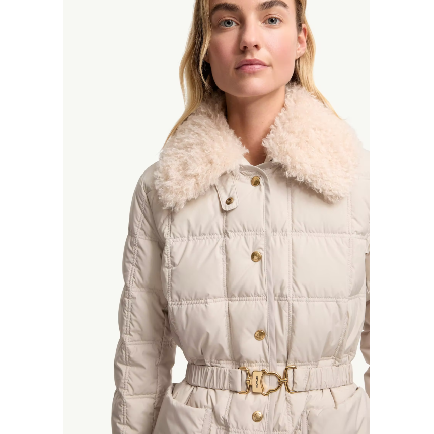 Doudoune courte à ceinture MONCLER Cygnes nylon beige taupe mat lisse col poche fourrure