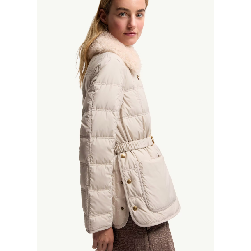 Doudoune courte à ceinture MONCLER Cygnes nylon beige taupe mat lisse col poche fourrure
