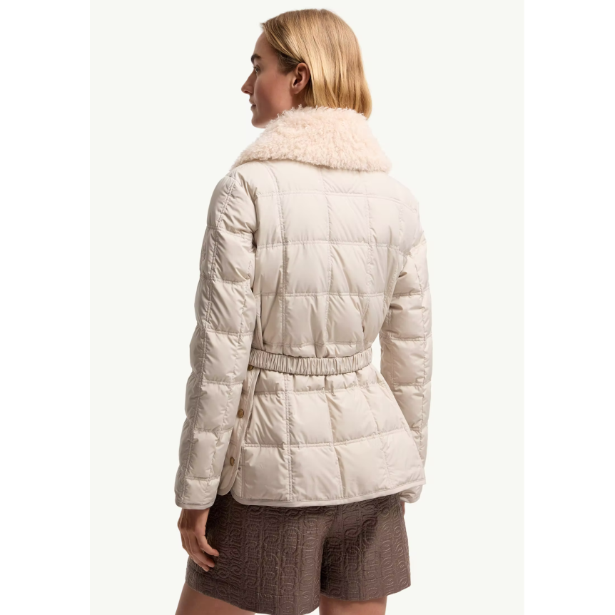 Doudoune courte à ceinture MONCLER Cygnes nylon beige taupe mat lisse col poche fourrure