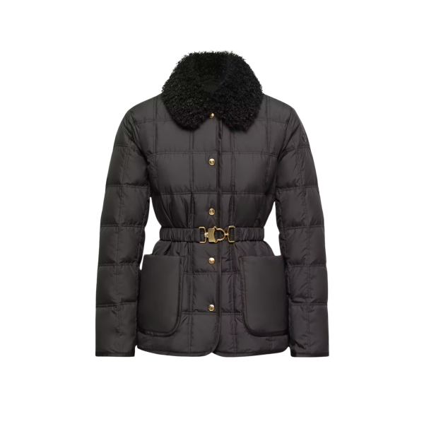 Doudoune courte à ceinture MONCLER Cygnes nylon noir mat lisse col poche fourrure